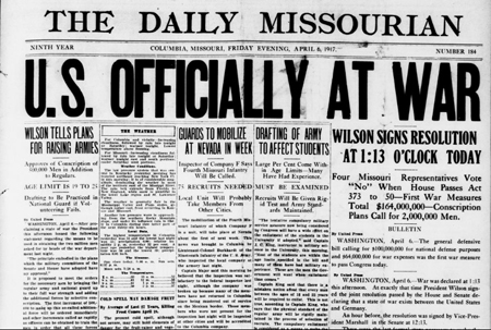 Newspaper page about the U.S. officially at war Image